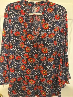 Free People Navy Floral Tie-Front Tunic with Red & Yellow Blooms